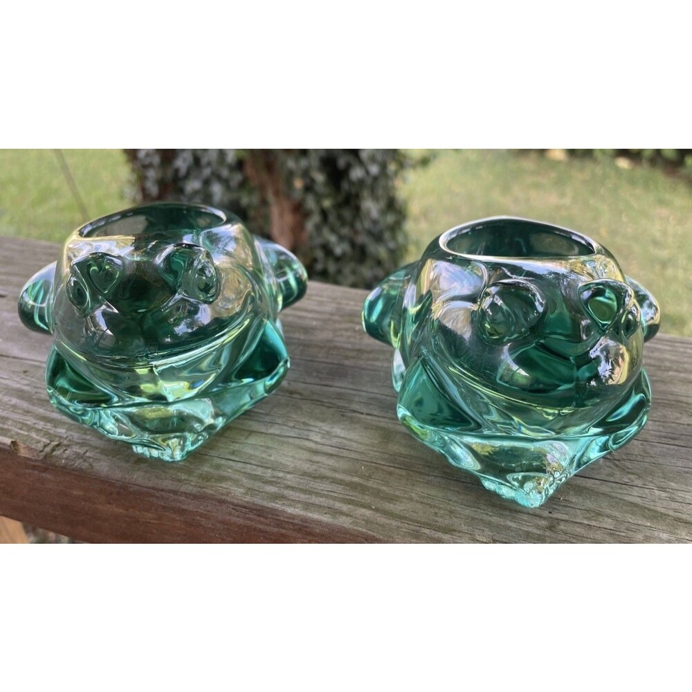 Vintage Green Indiana Glass Frog Votive Candle Holders Paperweight Lot of 2